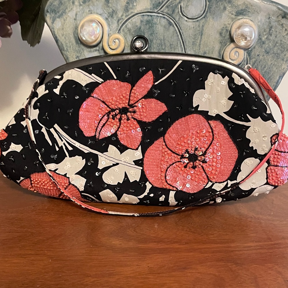 Chic Floral Sequin Wristlet - Black and Pink